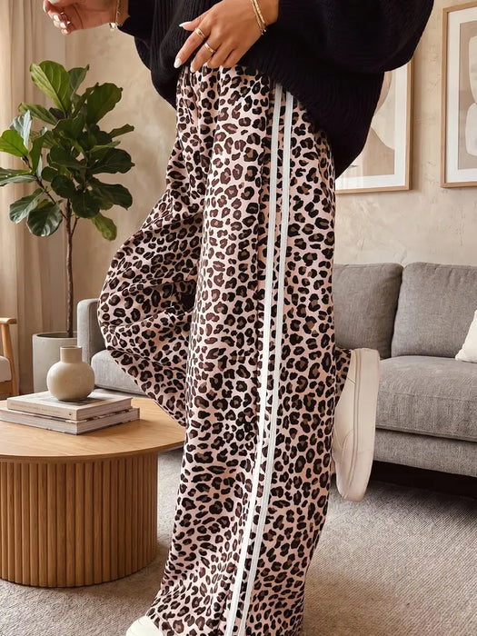 Beige Leopard Print Side Striped Detail Casual Wide Leg Pants