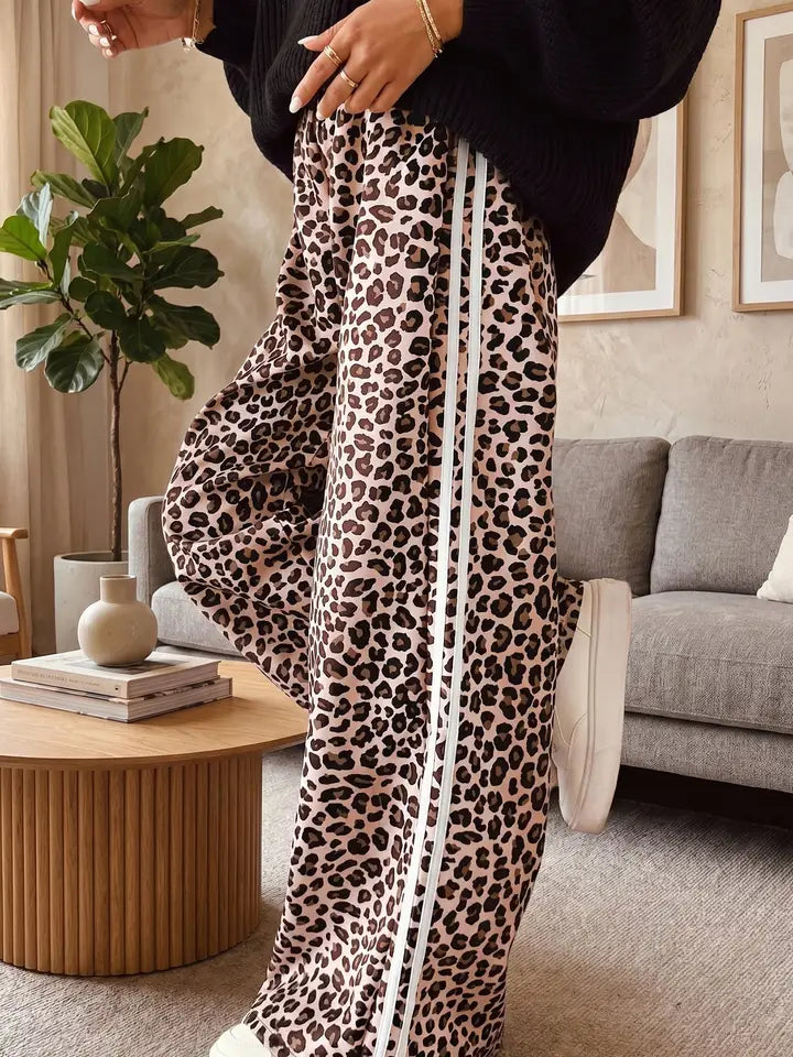 Beige Leopard Print Side Striped Detail Casual Wide Leg Pants