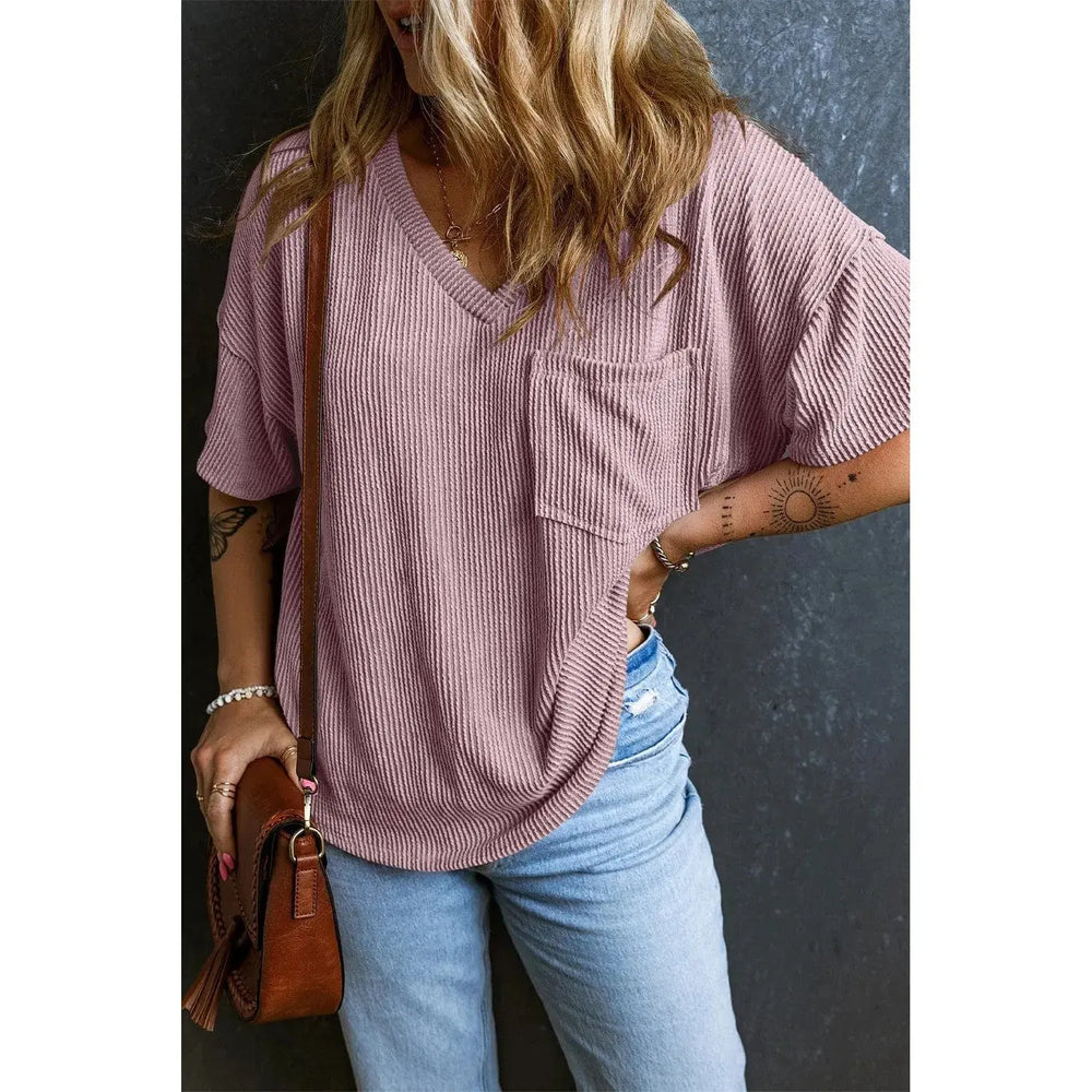 Valerian Corded V Neck Chest Pocket Loose T-shirt Dear lover