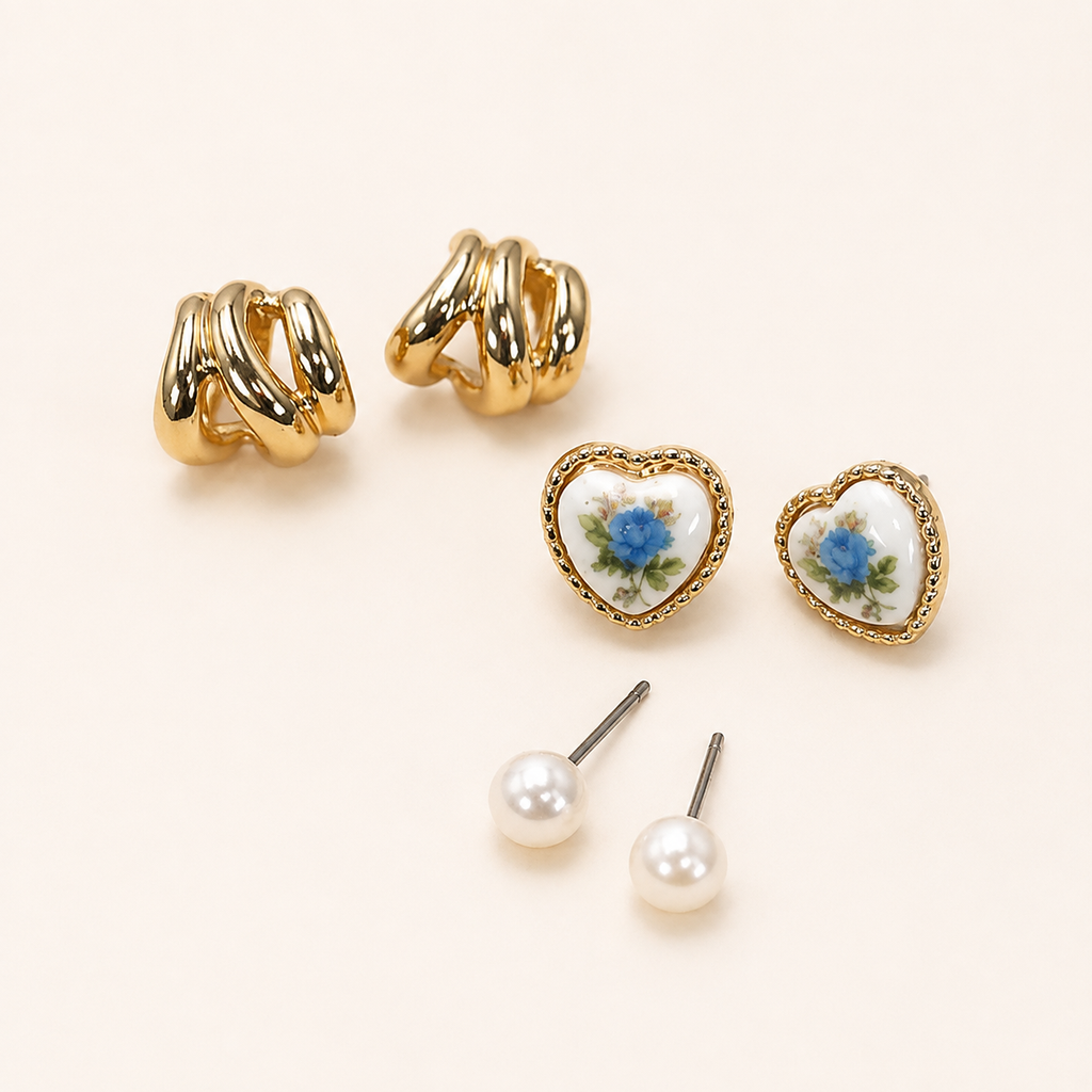 Heart Floral Porcelain Stud Hoop Trio Earring