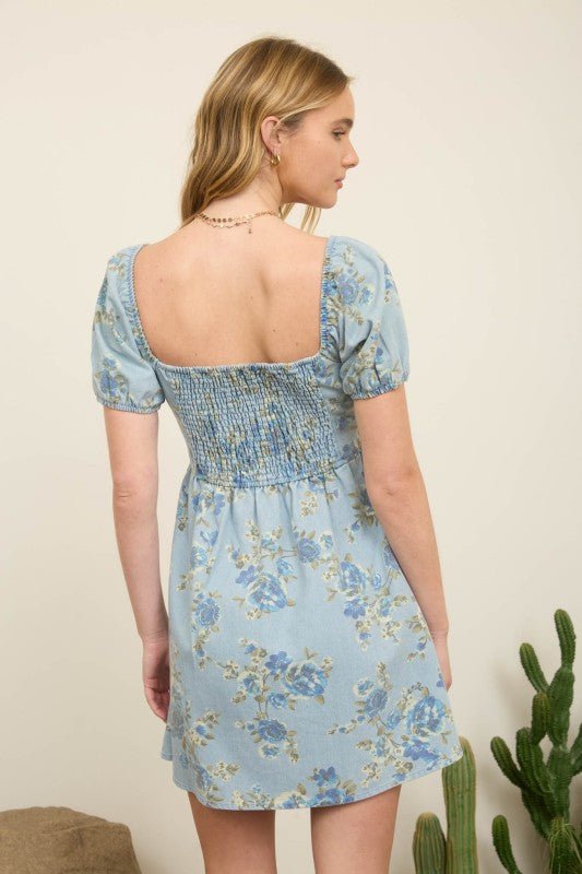 Floral Light Denim Puff Sleeve Mini Dress - LECCE