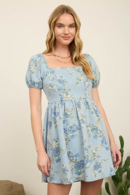Floral Light Denim Puff Sleeve Mini Dress