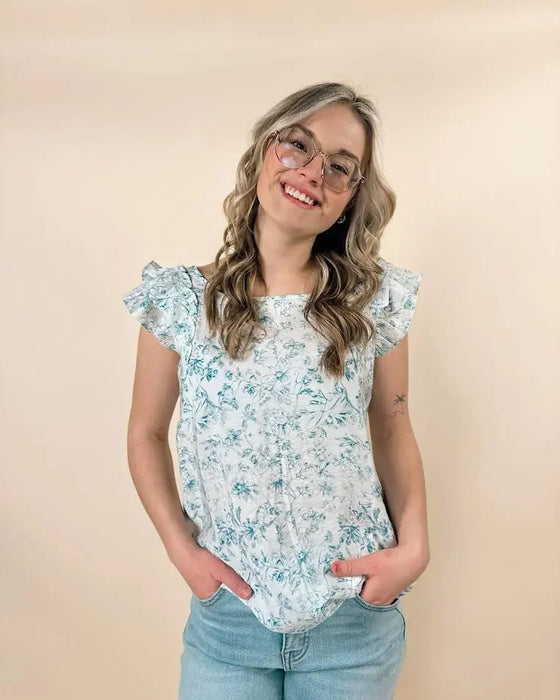 Floral Ruffled Short Sleeve Bow Square Neck Blouse - LECCE
