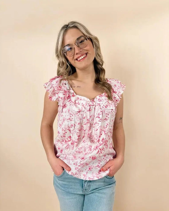Floral Ruffled Short Sleeve Bow Square Neck Blouse - LECCE
