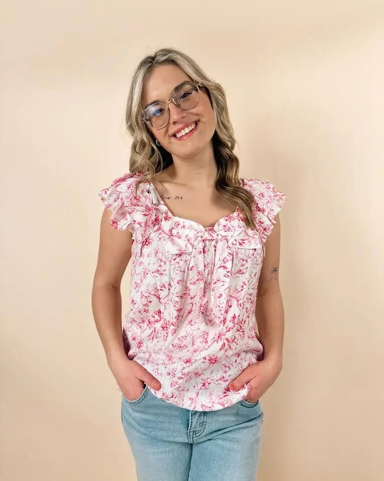Floral Ruffled Short Sleeve Bow Square Neck Blouse - LECCE