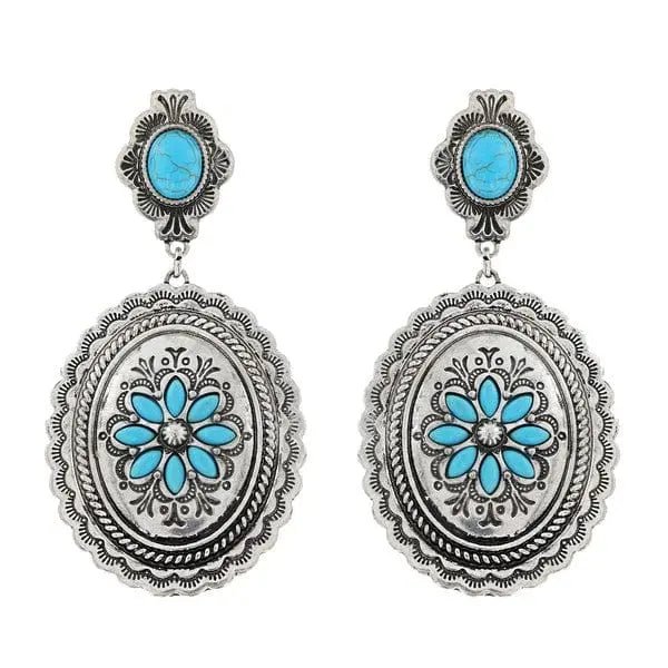 Floral Scalloped Concho Turquoise Western Earrings - LECCE