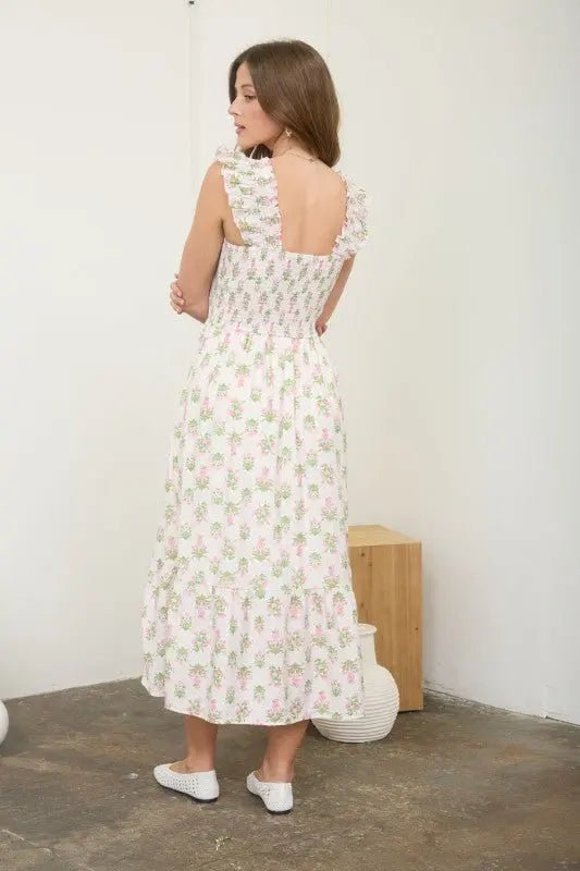 Floral Tile Print Smocked Midi Dress - LECCE
