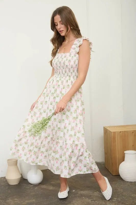 Floral Tile Print Smocked Midi Dress - LECCE