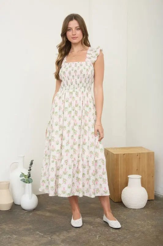 Floral Tile Print Smocked Midi Dress - LECCE