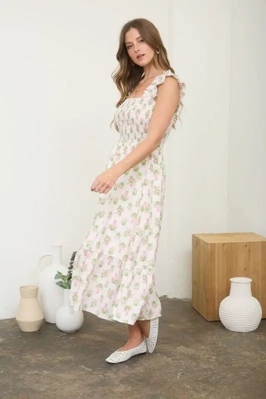 Floral Tile Print Smocked Midi Dress - LECCE