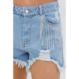 Frayed Rhinestone Denim Shorts - LECCE