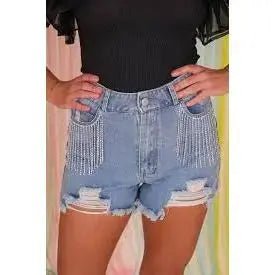 Frayed Rhinestone Denim Shorts - LECCE