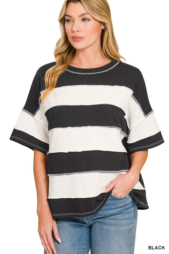 French Terry Striped Exposed Seam Top - Black
