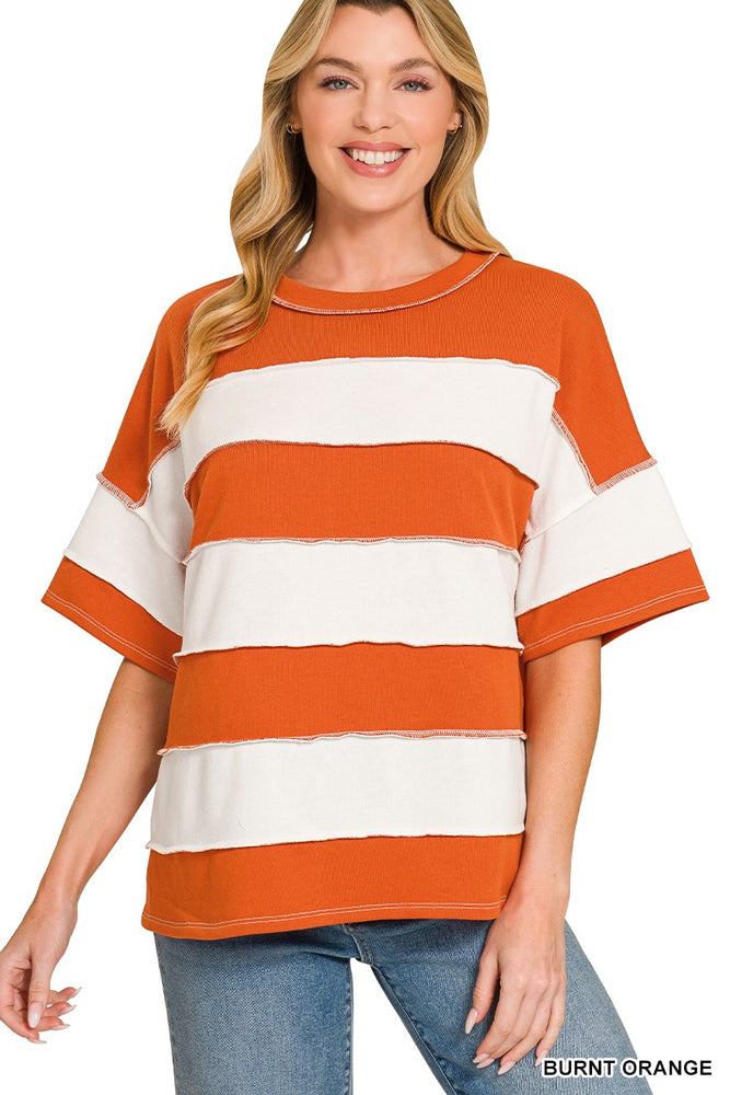 French Terry Striped Exposed Seam Top - Burnt Orange
