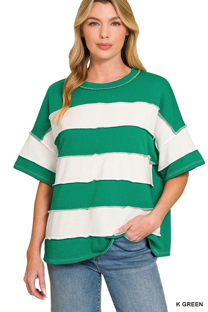 French Terry Striped Exposed Seam Top - K Green