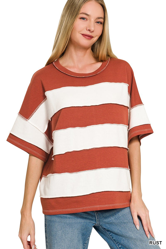 French Terry Striped Exposed Seam Top - Rust