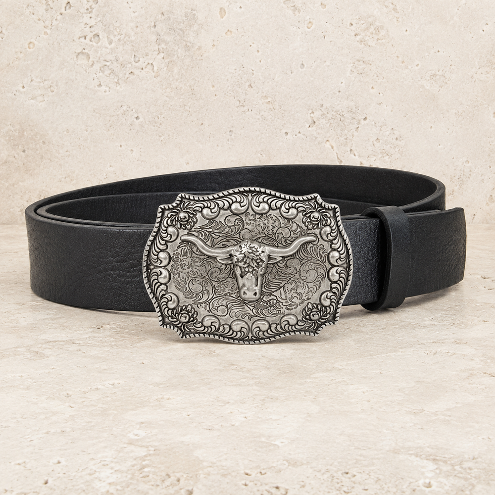 Genuine Leather Belt with Antique Silver Buckle on cream stone