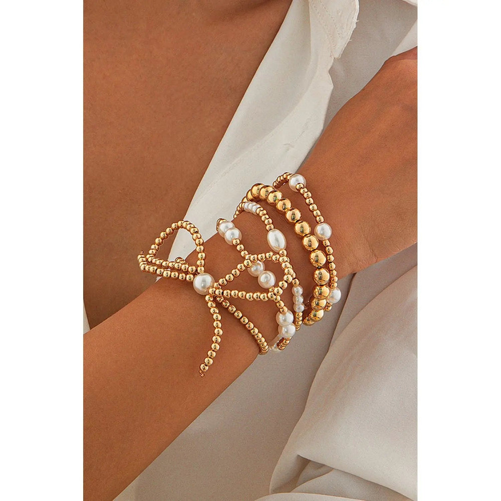 Gold Bow Knot Pearl Beaded Multi Layered Bracelet Set - LECCE