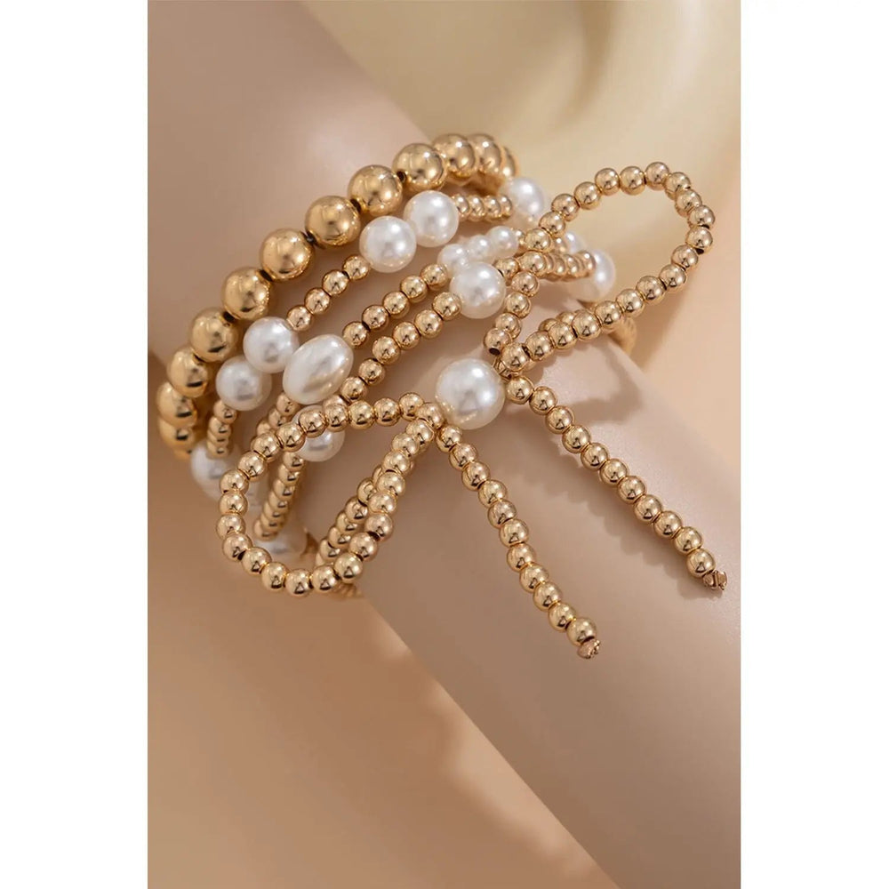 Gold Bow Knot Pearl Beaded Multi Layered Bracelet Set - LECCE