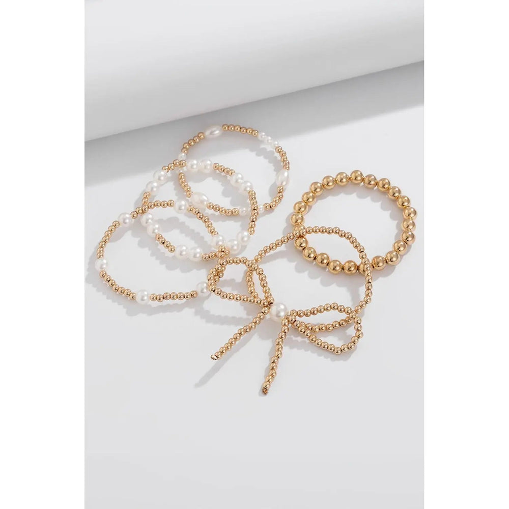 Gold Bow Knot Pearl Beaded Multi Layered Bracelet Set - LECCE