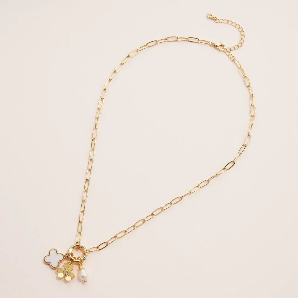 Gold Dipped Necklace with Charms and Pearl Accent - LECCE