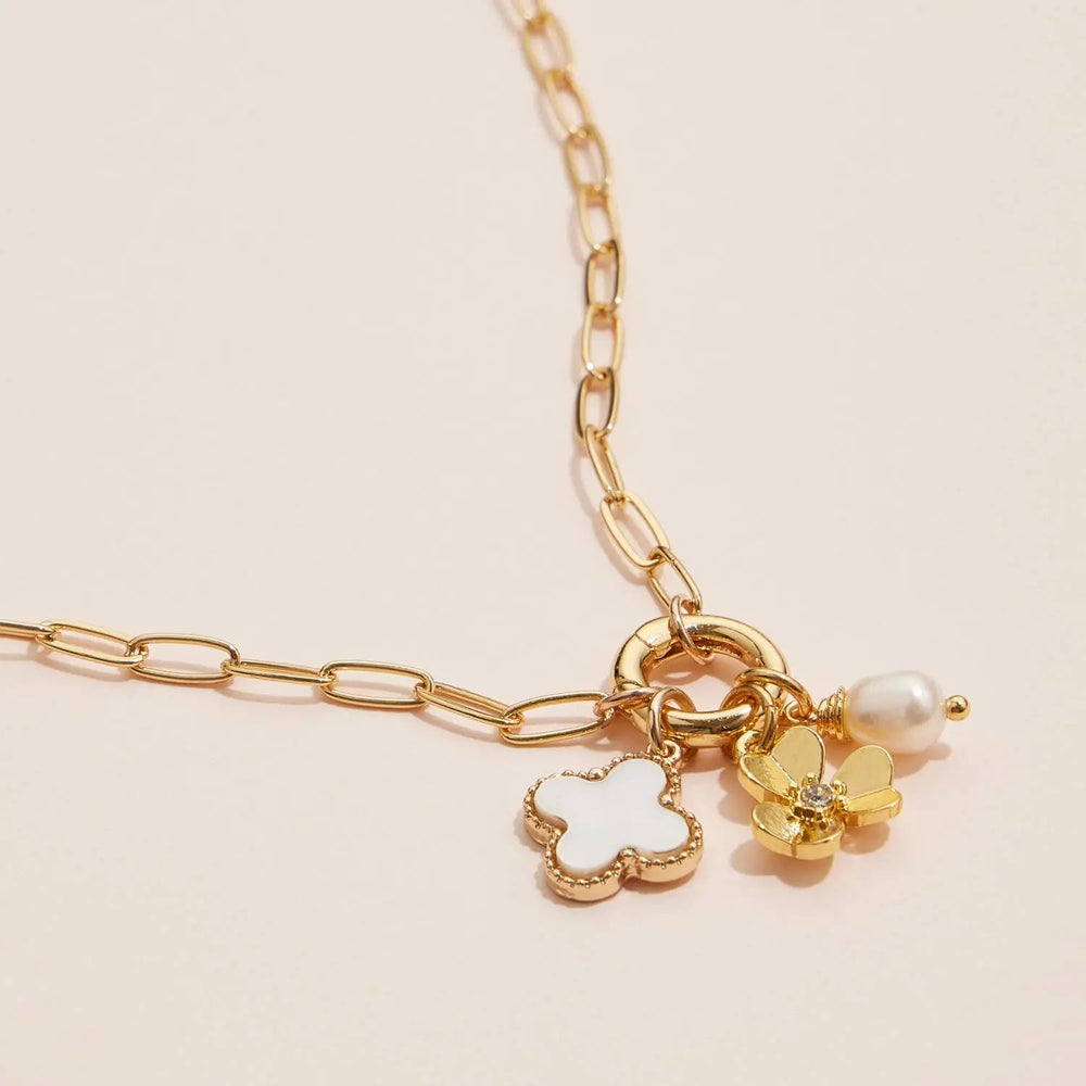 Gold Dipped Necklace with Charms and Pearl Accent - LECCE