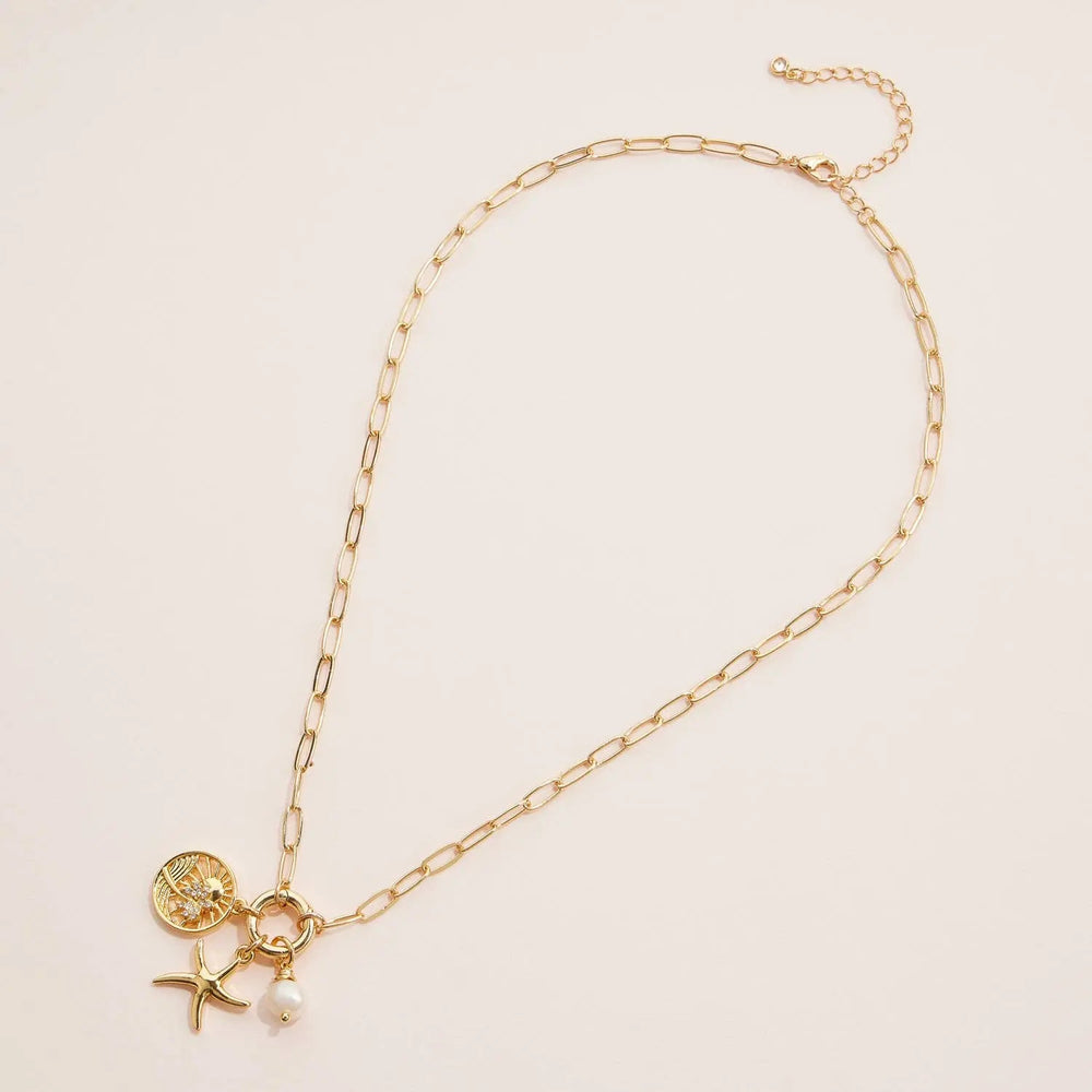 Gold Dipped Starfish Charm Necklace with Pearl Accent - LECCE