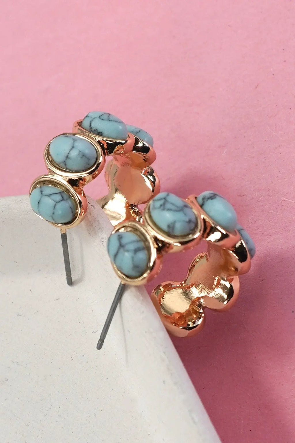 Gold & Turquoise Stone Hoop Earrings