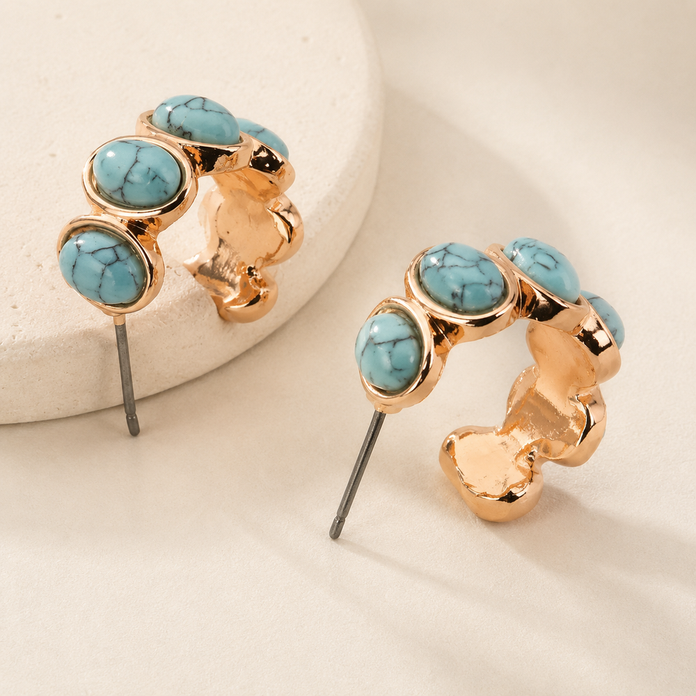 gold turquoise stone hoop earrings