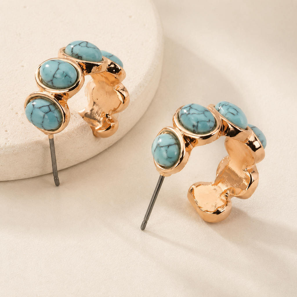 Gold & Turquoise Stone Hoop Earrings