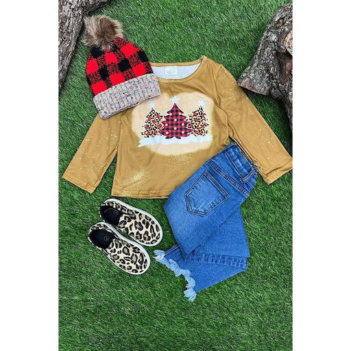 Golden, Multi - printed Christmas Treen Long Sleeve Top. - LECCE