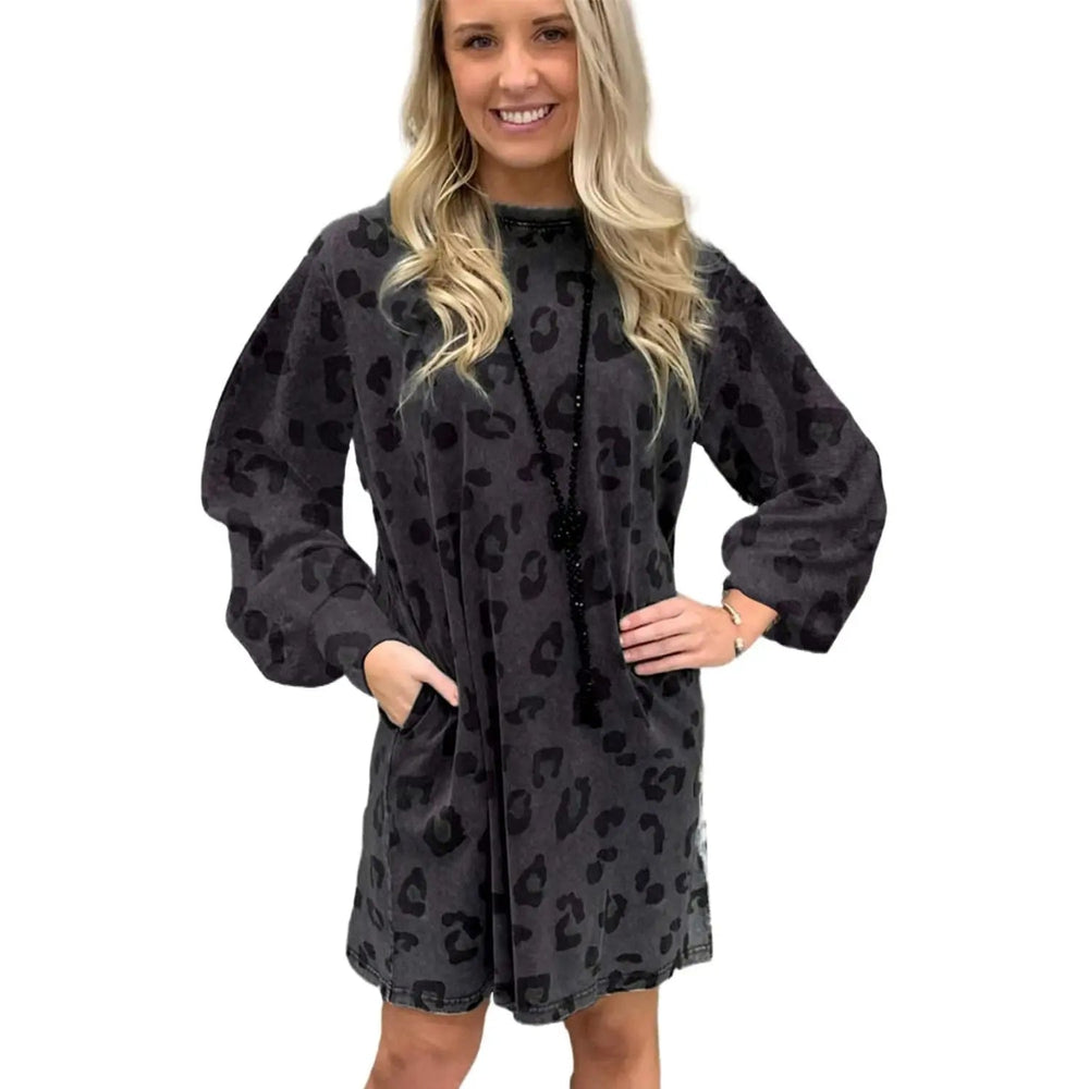 Gray Leopard Pocketed Puff Sleeve Mini Dress - LECCE