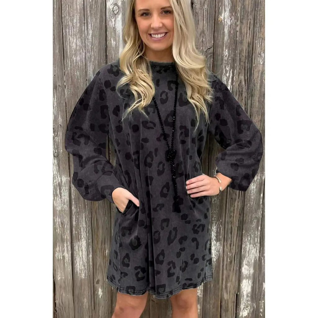 Gray Leopard Pocketed Puff Sleeve Mini Dress