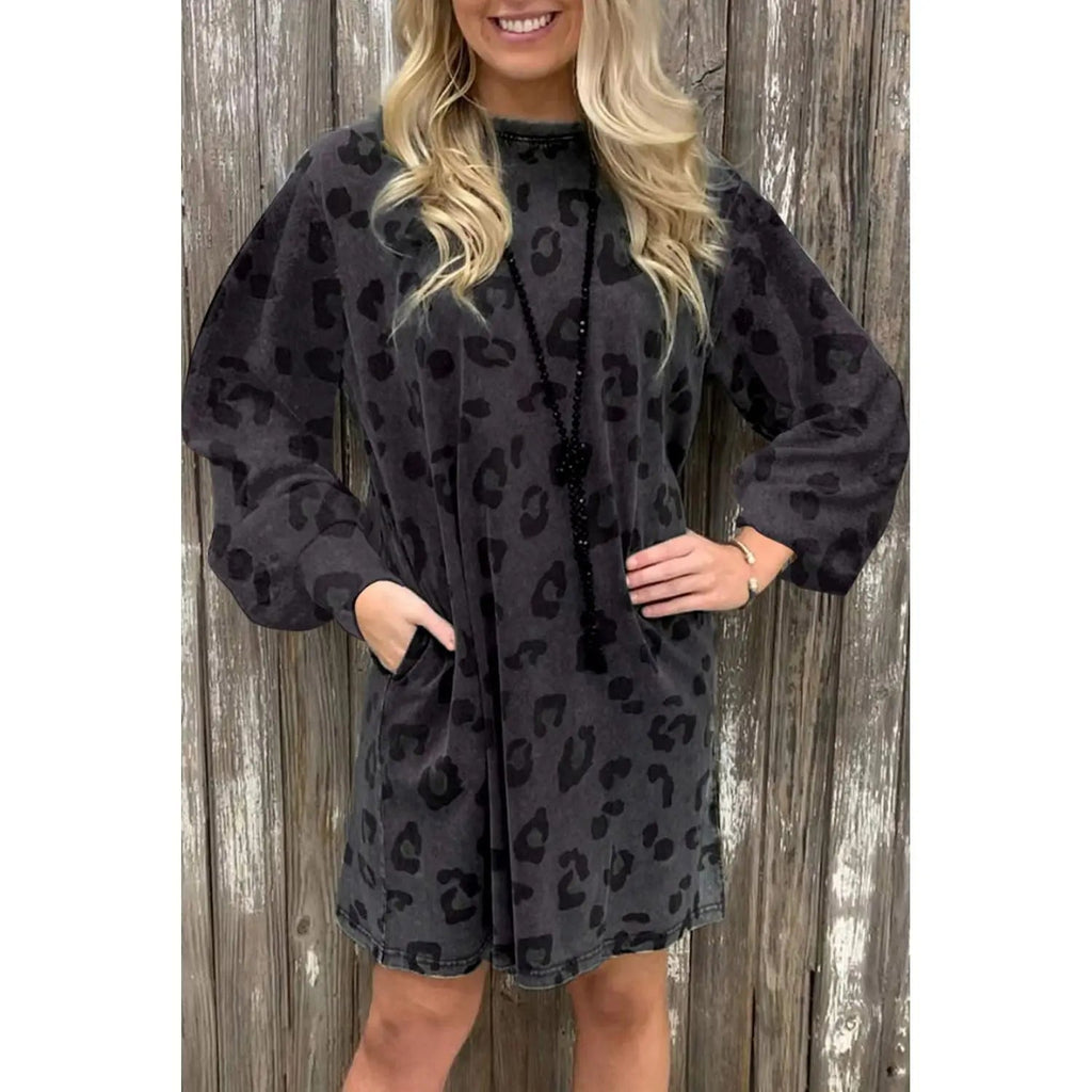 Gray Leopard Pocketed Puff Sleeve Mini Dress