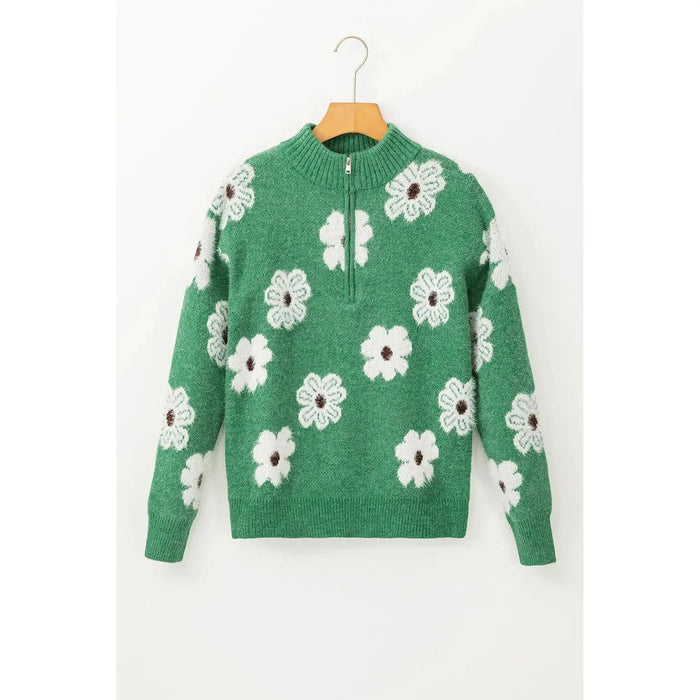 Green Floral Pattern Half Zip Drop Shoulder Sweater - LECCE