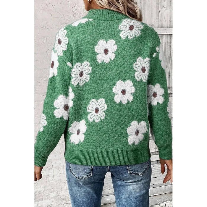 Green Floral Pattern Half Zip Drop Shoulder Sweater - LECCE