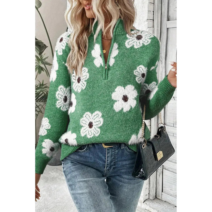 Green Floral Pattern Half Zip Drop Shoulder Sweater - LECCE