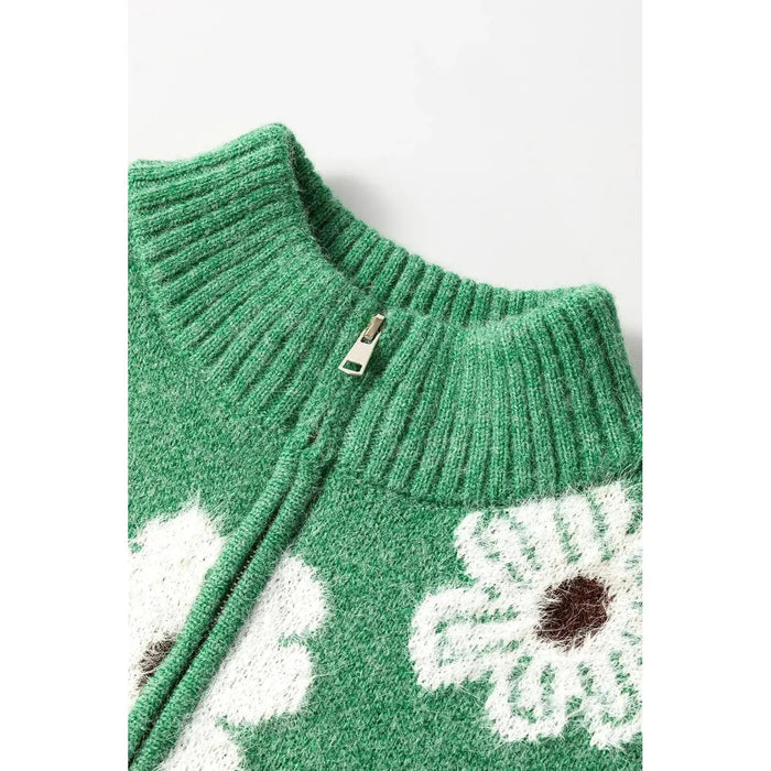 Green Floral Pattern Half Zip Drop Shoulder Sweater - LECCE