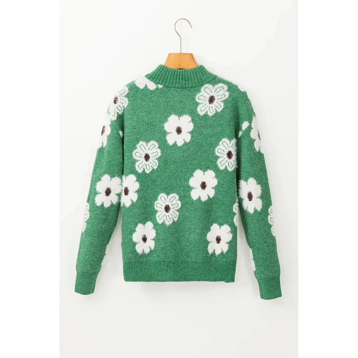 Green Floral Pattern Half Zip Drop Shoulder Sweater - LECCE