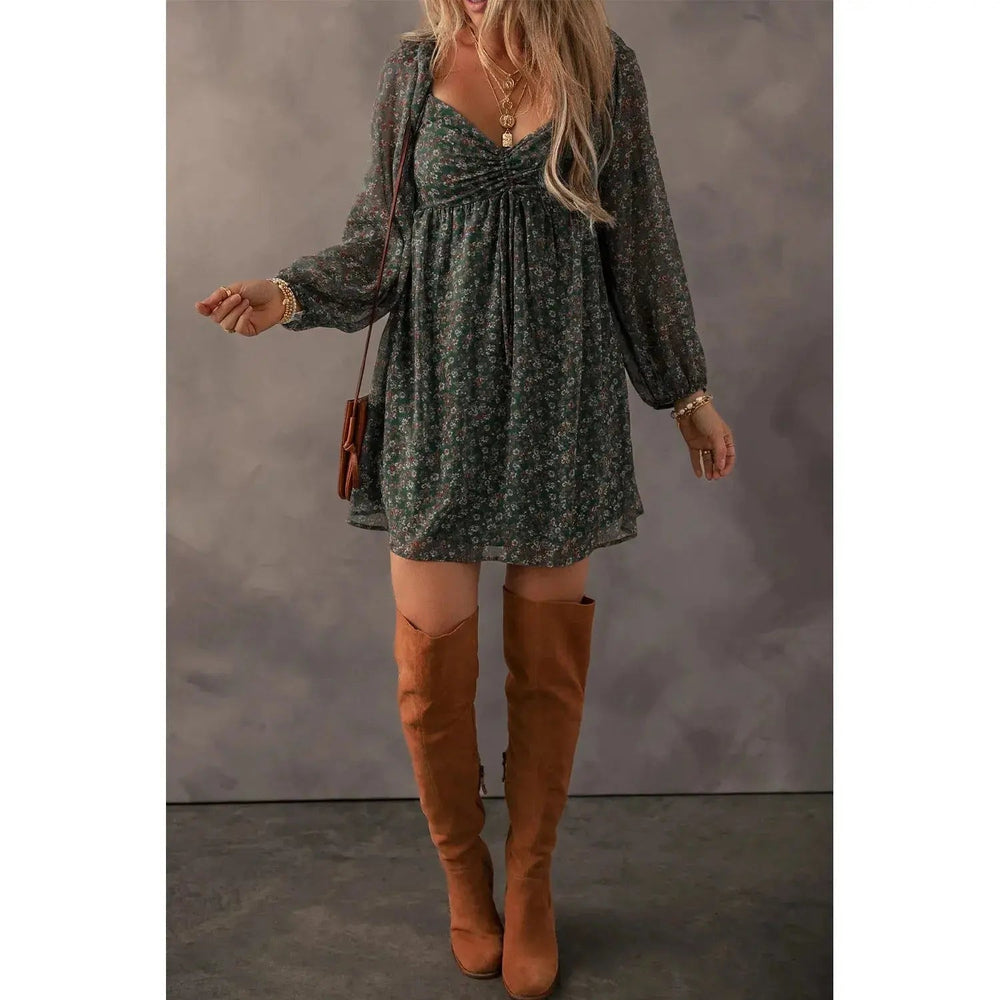 Green Floral Print Sweetheart Neck Shirred Back Mini Dress - LECCE