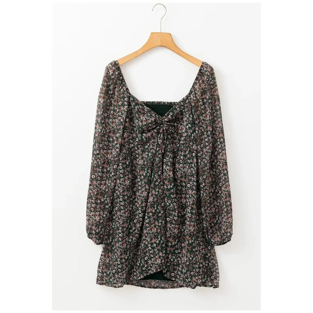 Green Floral Print Sweetheart Neck Shirred Back Mini Dress - LECCE