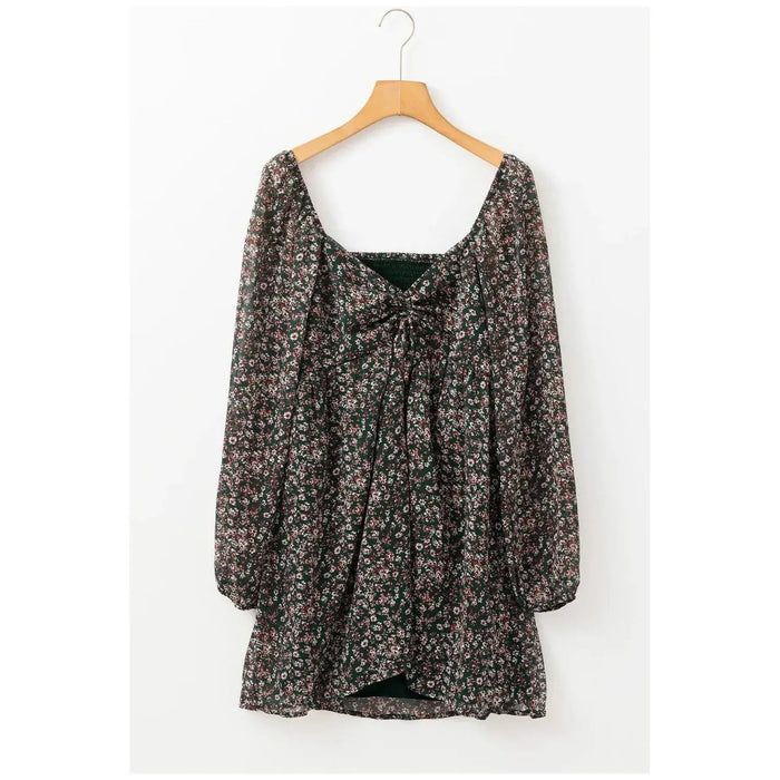 Green Floral Print Sweetheart Neck Shirred Back Mini Dress - LECCE