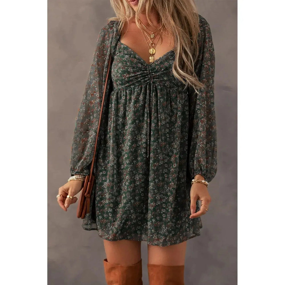 Green Floral Print Sweetheart Neck Shirred Back Mini Dress - LECCE