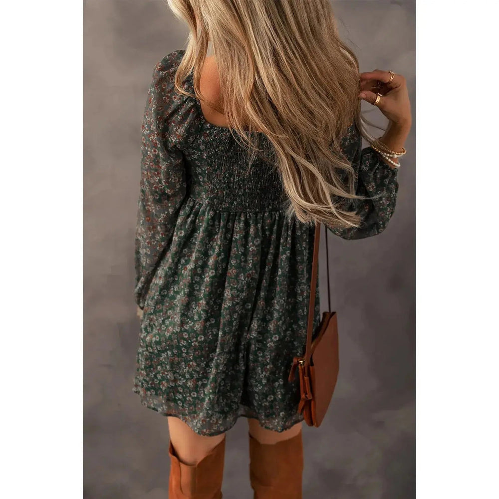 Green Floral Print Sweetheart Neck Shirred Back Mini Dress - LECCE