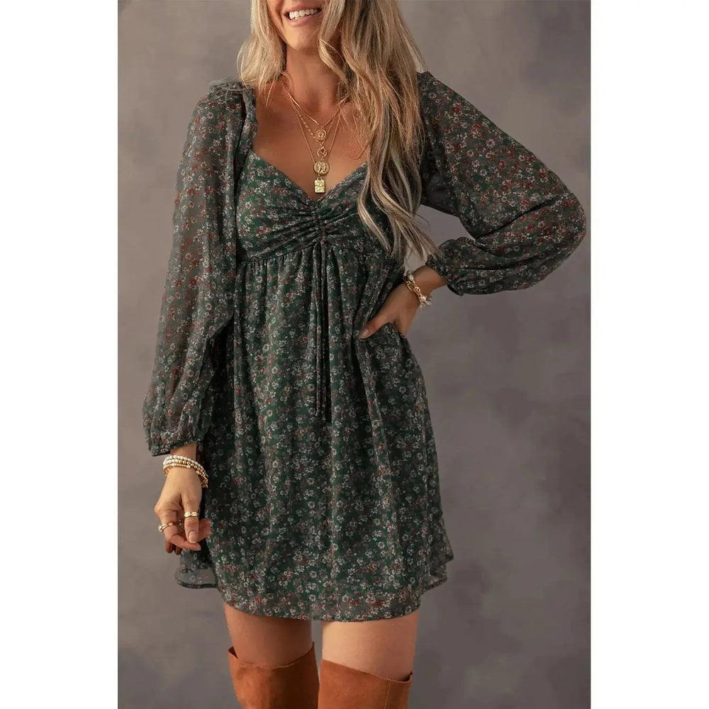 Green Floral Print Sweetheart Neck Shirred Back Mini Dress - LECCE