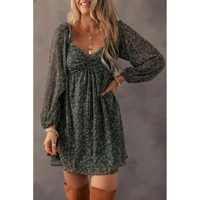 Green Floral Print Sweetheart Neck Shirred Back Mini Dress - LECCE