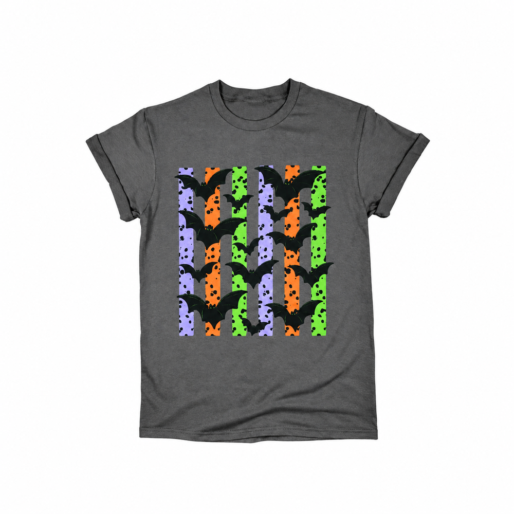 Halloween Bats Graphic Tee centered smaller on pure white background
