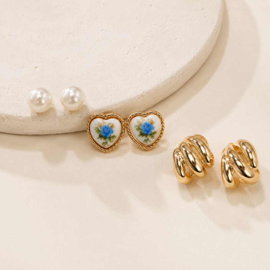 Heart Floral Porcelain Stud Hoop Trio Earring