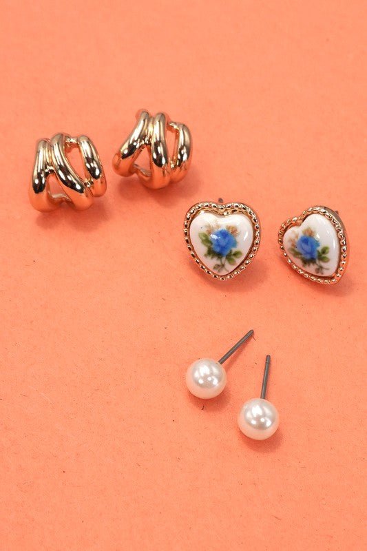 Heart Floral Porcelain Stud Hoop Trio Earring