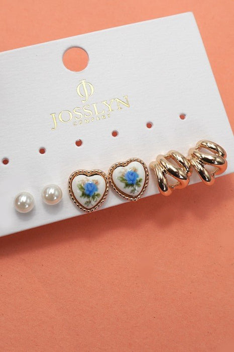Heart Floral Porcelain Stud Hoop Trio Earring - LECCE